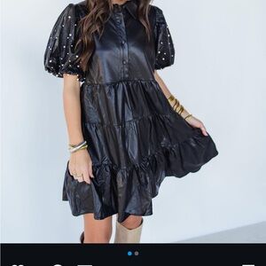 Faux leather knee dress with pearl detail on sleeves